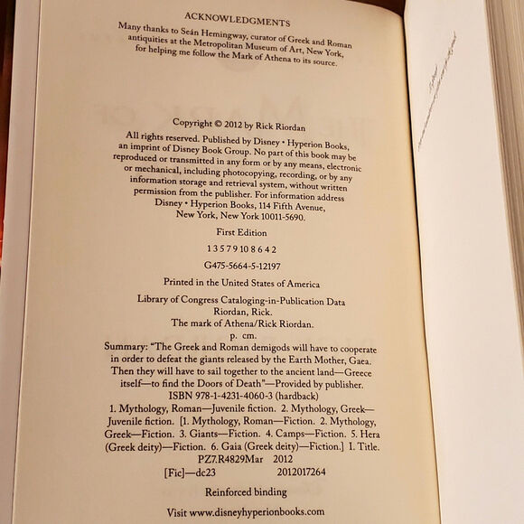 The Mark of Athena First Edition 2012 Rick Riordan Hardcover Disney Book 3 New - Picture 2 of 5